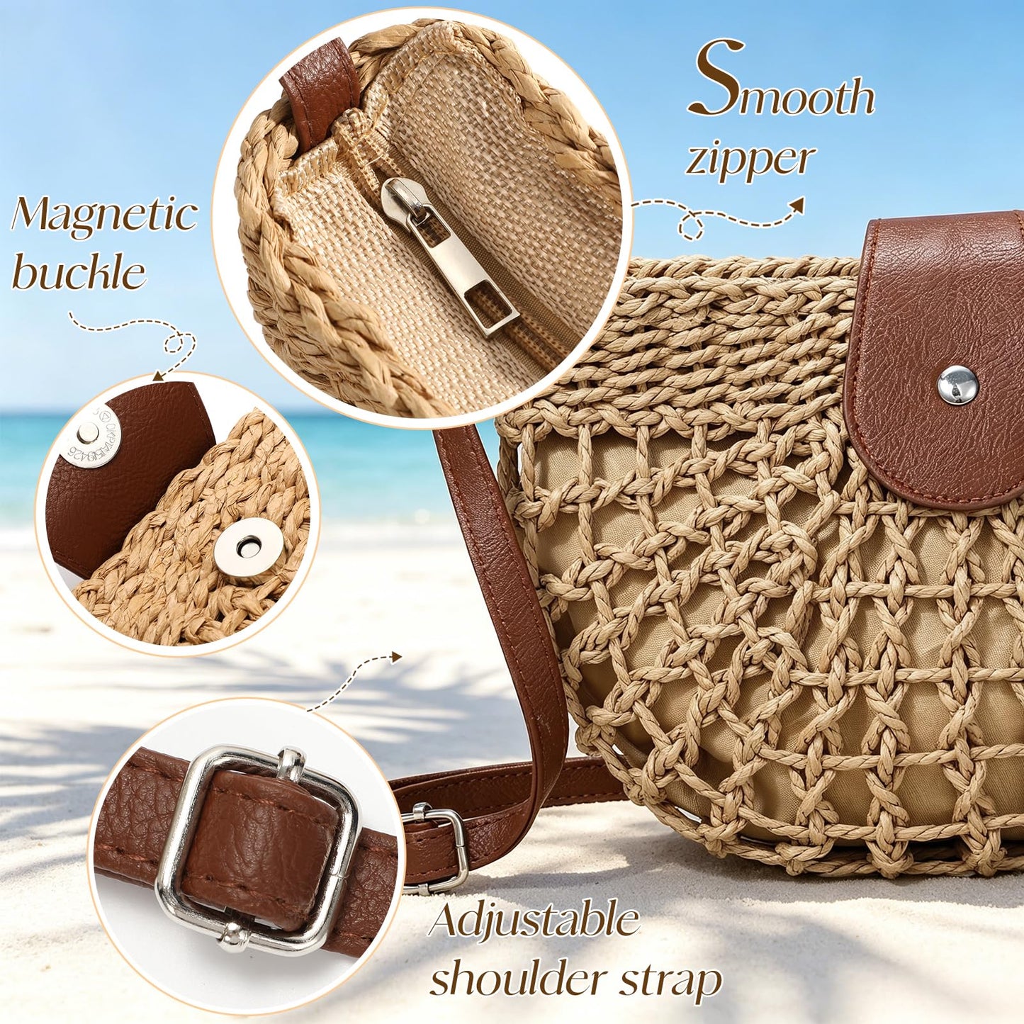 XquiziFit Straw Bag Beach Purse Summer Purses for Women Vacation Handbags Woven Crossbody Bags Khaki