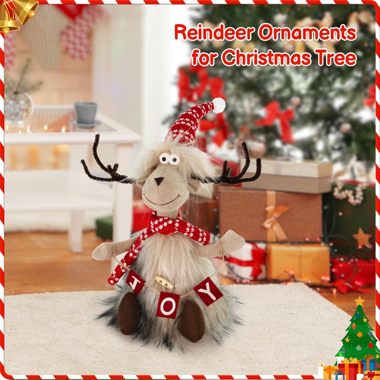 TACROART Reindeer Christmas Decoration – Plush Sitting Reindeer Figurine with Faux Fur Coat & Joy Banner, Rustic Tabletop Christmas Decor for Mantel, Shelf, or Gift Display