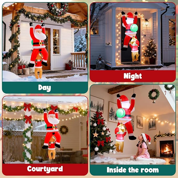 6FT Hanging Christmas Inflatables Outdoor, Climbing Santa with Dog Blow Up Roof Decor, Funny Built-in LED Lights Xmas Inflatable for Window Eaves Garden Yard Holiday Decorations