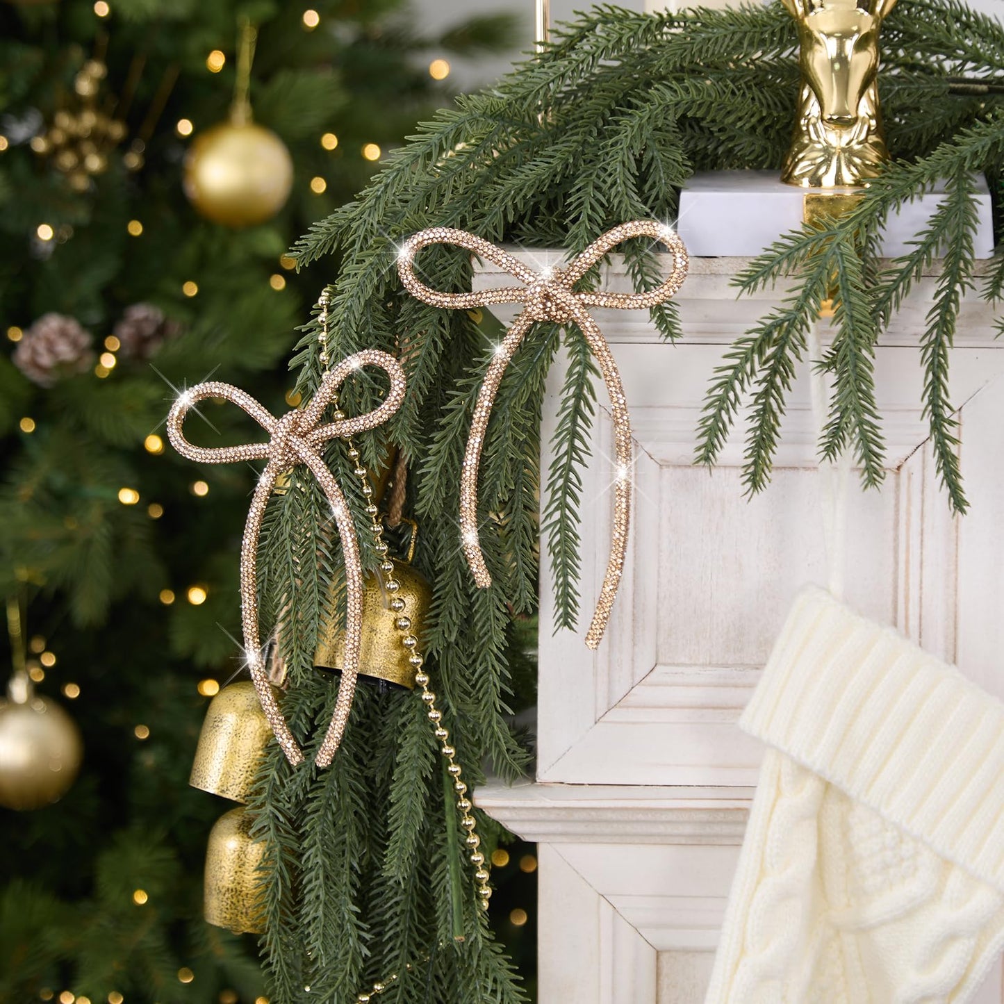 FLAIR GIFTS 6 Pcs 2026 Christmas Bows Ornaments, Champagne Gold Sparkly Glitter Rhinestone Bow Ornaments with Twist Tie for Xmas Tree Decoration, Wreath, Garland, Gift Wrapping