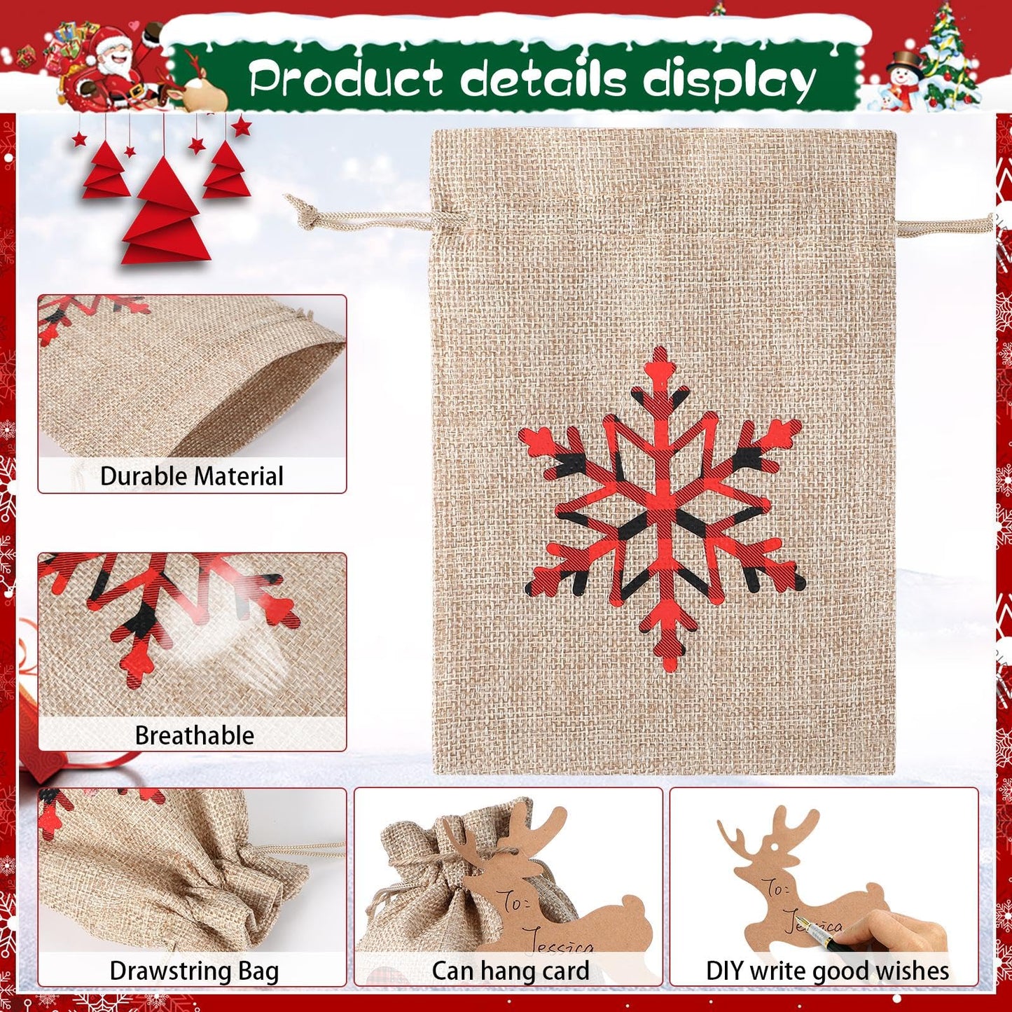 Shappy 24 Pcs Christmas Burlap Gift Bags, Small Treat Goody Bags with Drawstrings for Christmas, Featuring 12 Designs for Xmas and New Year Party Favors and Supplies(Rustic Style,7 x 5 Inch)