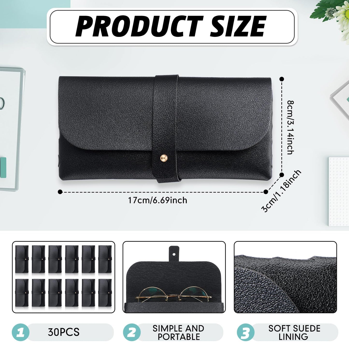 Nuogo 30 Pack Eyeglass Case Soft Glasses Case Studded Sunglasses Pouch Portable PU Leather Sunglasses Bag Travel Reading Glass Sleeve for Women Men