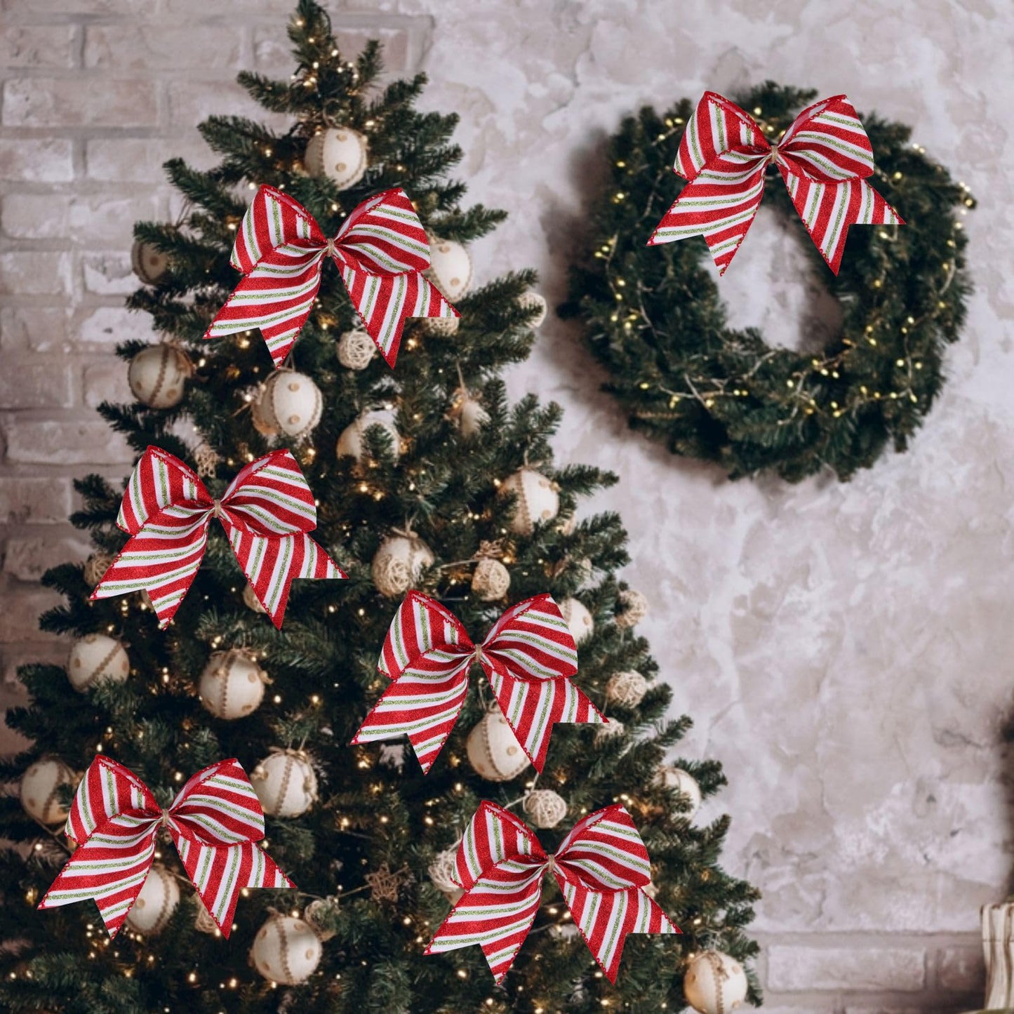 Meseey 12 Pcs Christmas Candy Cane Bows 6 Inch Red and Green Glitter Stripe Lollipop Peppermint Hanging Christmas Wreath Bow for Xmas Door Garland DIY Candy Themed Party Supplies(Red Stripe)