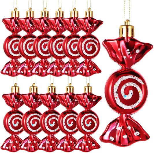 Threan 12 Pcs Christmas Candy Ornaments for Tree Decoration Hanging Glitter Candy Cane Christmas Peppermint Ornament with Golden Rope for Xmas Holiday Decoration(Red,Plastic)
