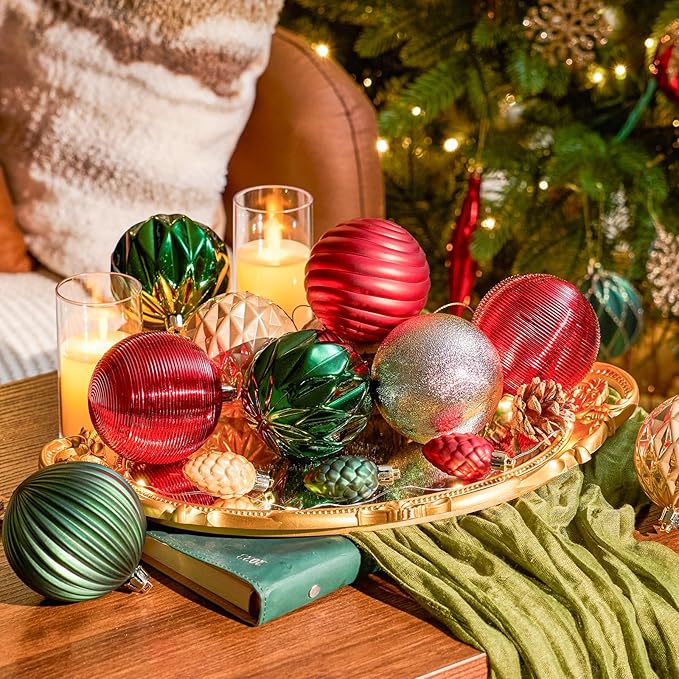 JORNOY Christmas Tree Ornaments, 3.12inch/80mm Shatterproof Ornaments for Christmas Tree Set - Plastic Decorative Hanging Balls Ornaments for Xmas Tree Decorations, 32ct (Red & Green & Gold)