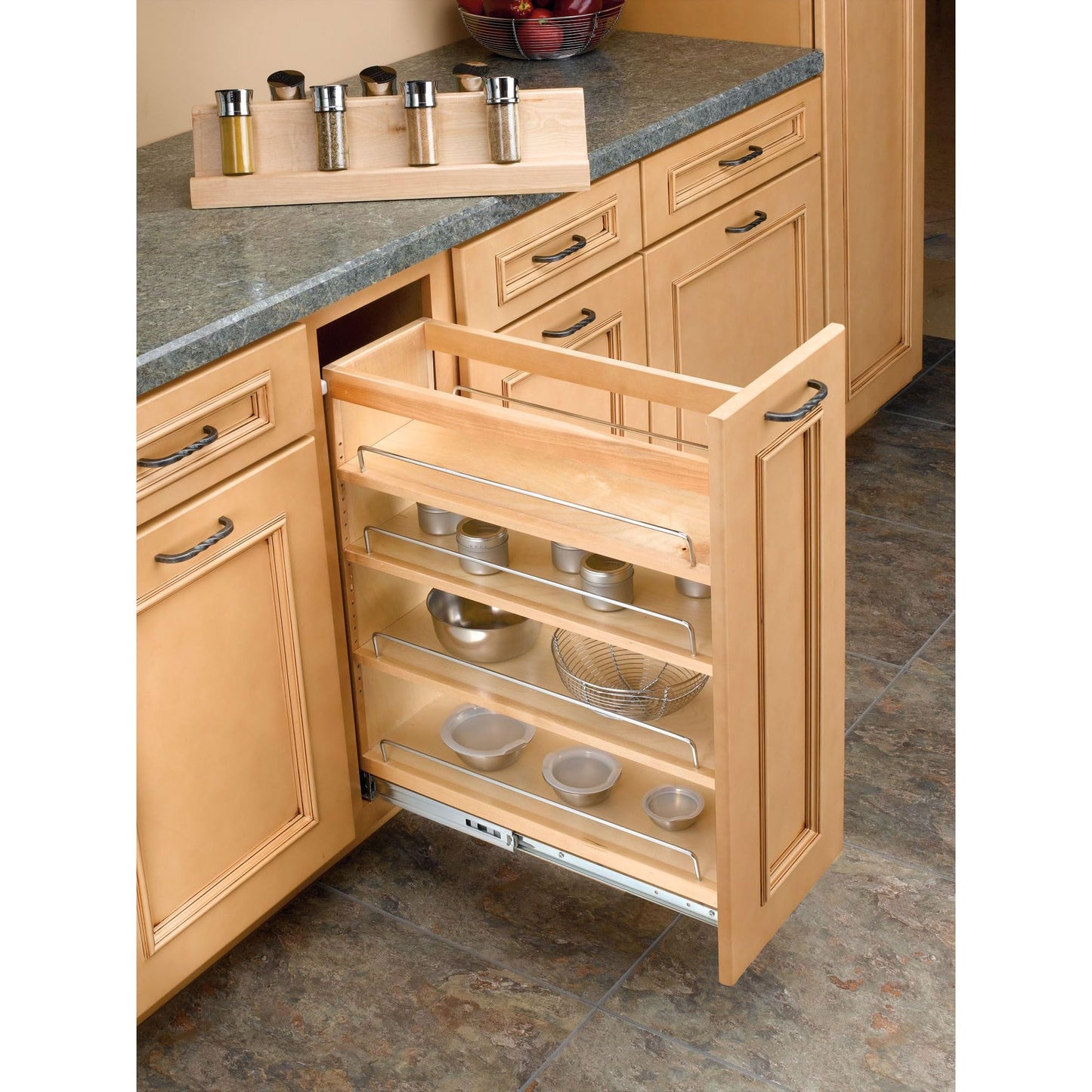 Rev-A-Shelf 6.5" Pullout Kitchen Cabinet Storage Organizer Slide Out Pantry Spice Rack with Adjustable Shelves, Natural Maple, 448-BC-6C