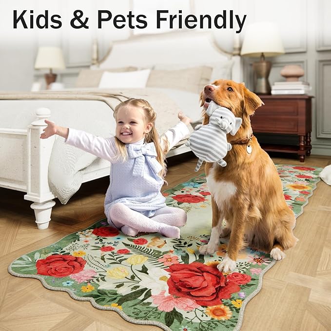Washable Entryway Small Area Rugs: Door Mat Indoor Entrance 2x3 Floral Rug Ultra Thin Stain Resistant Non Slip Low Pile Lightweight Carpet for Kitchen, Front Door Decor (Light Green)