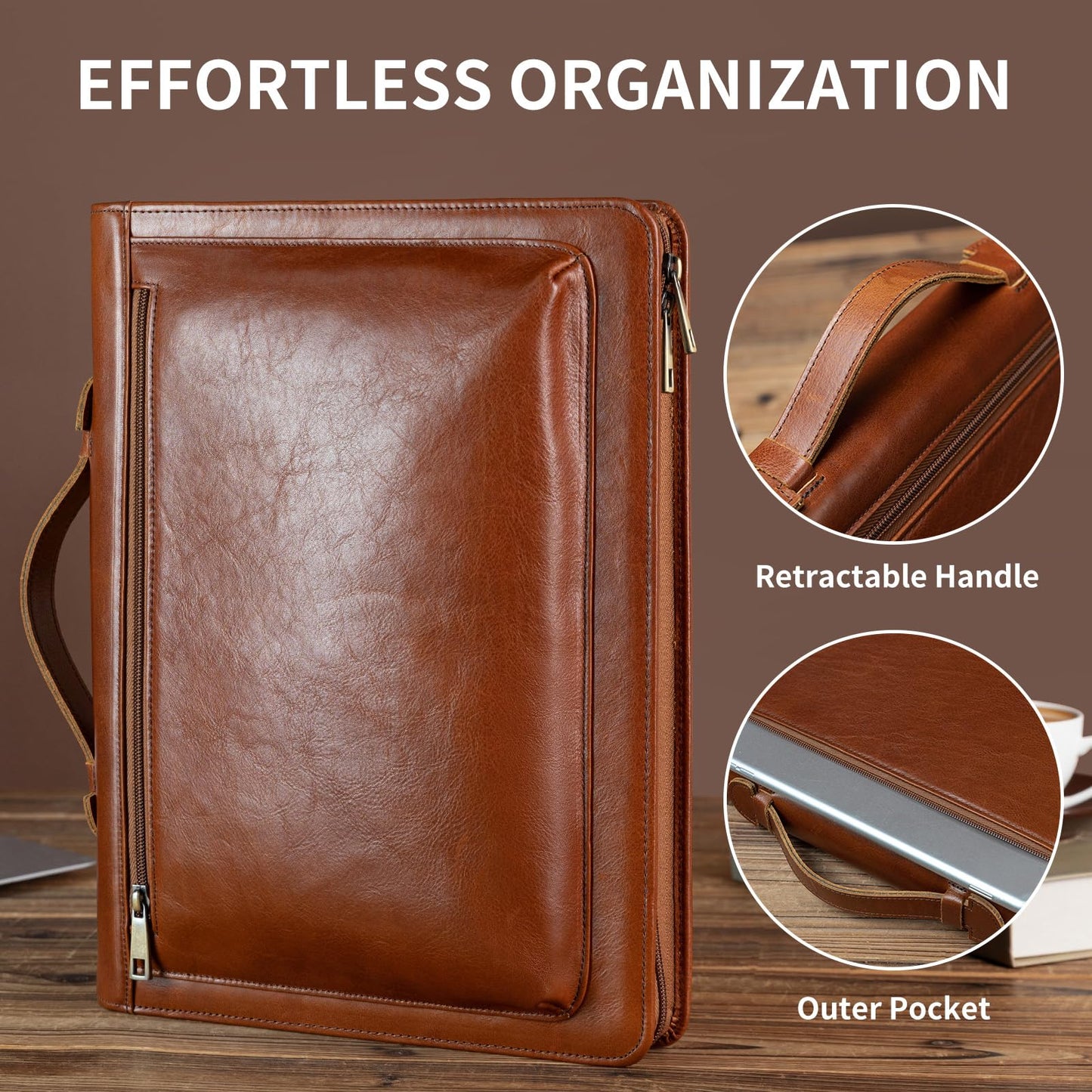 YIWEN Handmade Leather Portfolio with Handle – Zippered Front Pocket, Writing Pad Clip, Letter Size Notepad Holder, Professional Business Padfolio for Men Women (Brown, Pull-up Leather)