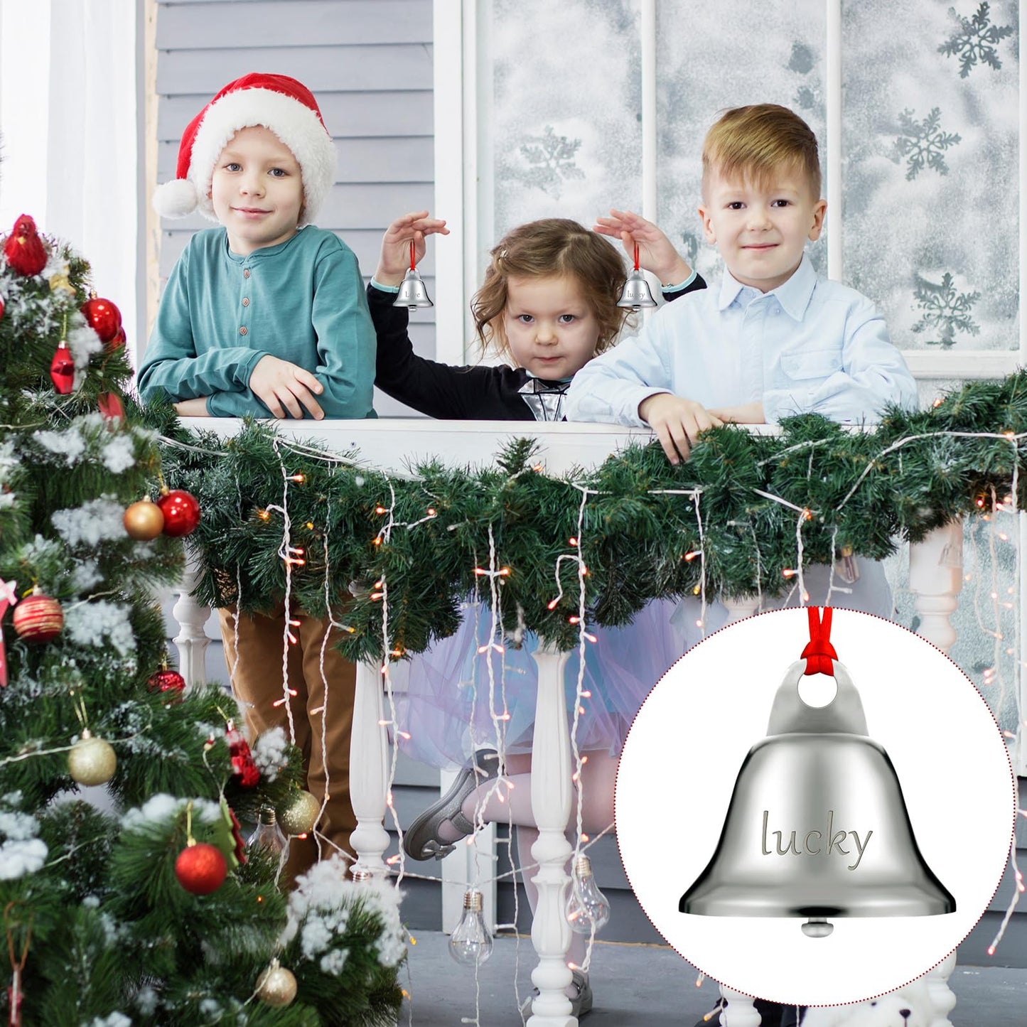 Sratte 24 Pack 1.5 Inch Christmas Bells Ornament Xmas Believe Jingle Decoration Silver Santa Sleigh Bell Christmas Printed Bell with Red Ribbon for Xmas Tree Home Decoration(Trumpet)