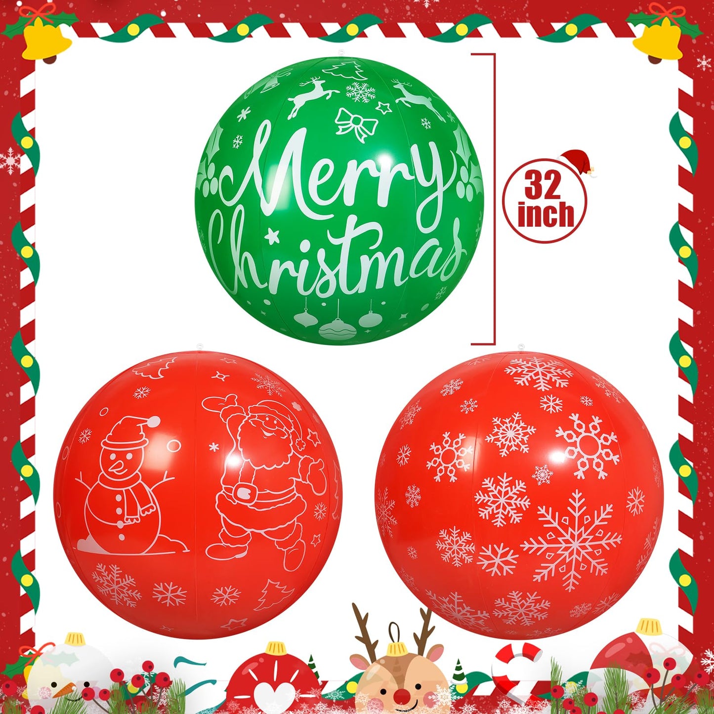 TaoQ C 3 PCS 32 Inch Christmas Inflatable Balloons PVC Large Christmas Inflatable Outdoor Balls for Xmas Garden Lawn Yard Holiday Front Door Decoration