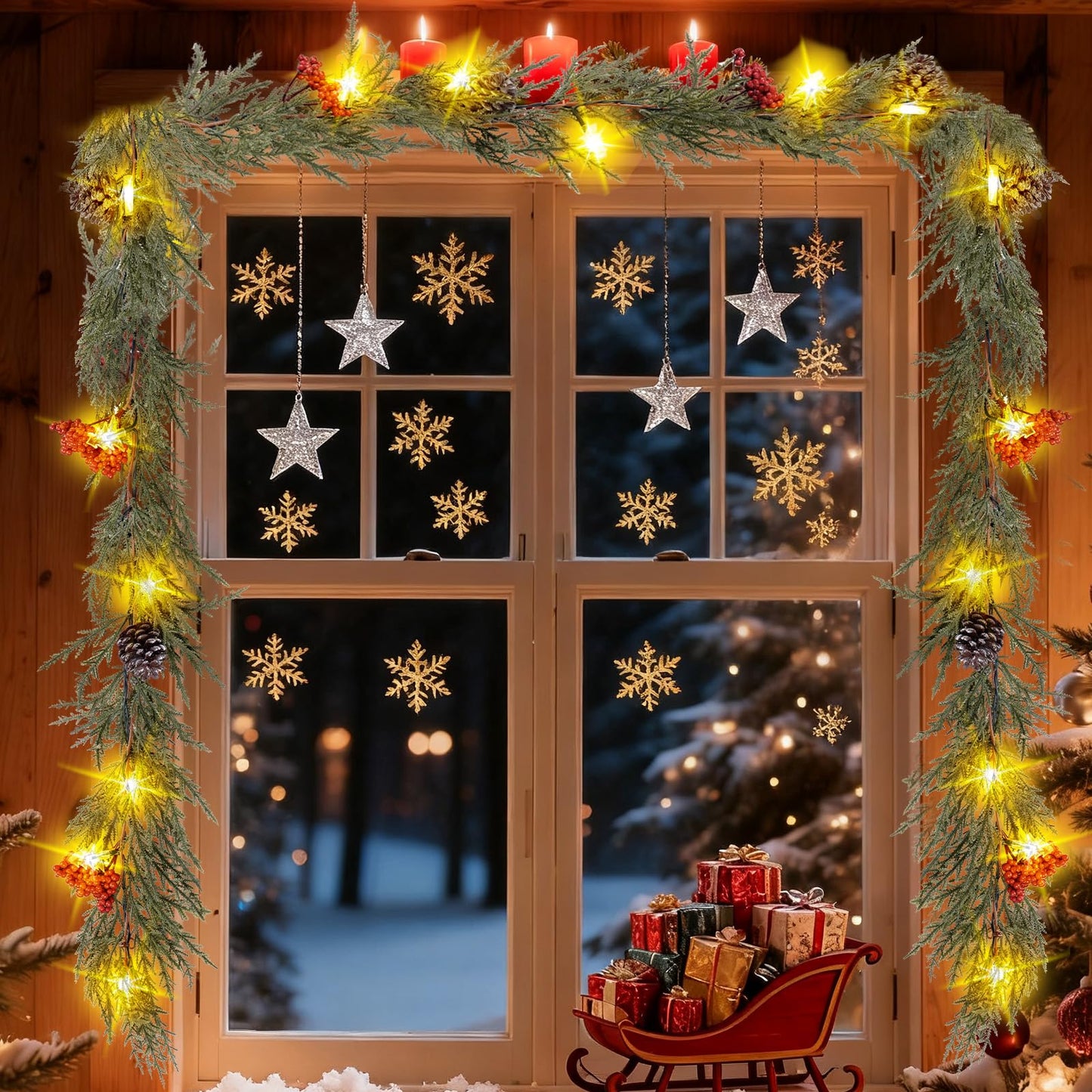 HUZIYAHAN Prelit Christmas Garland with Lights 9FT Christmas Tree Lighted Garland Outdoor Indoor Battery Operated Garland for Mantel Table Porch Stair Wall Winter Home Holiday Christmas Decorations