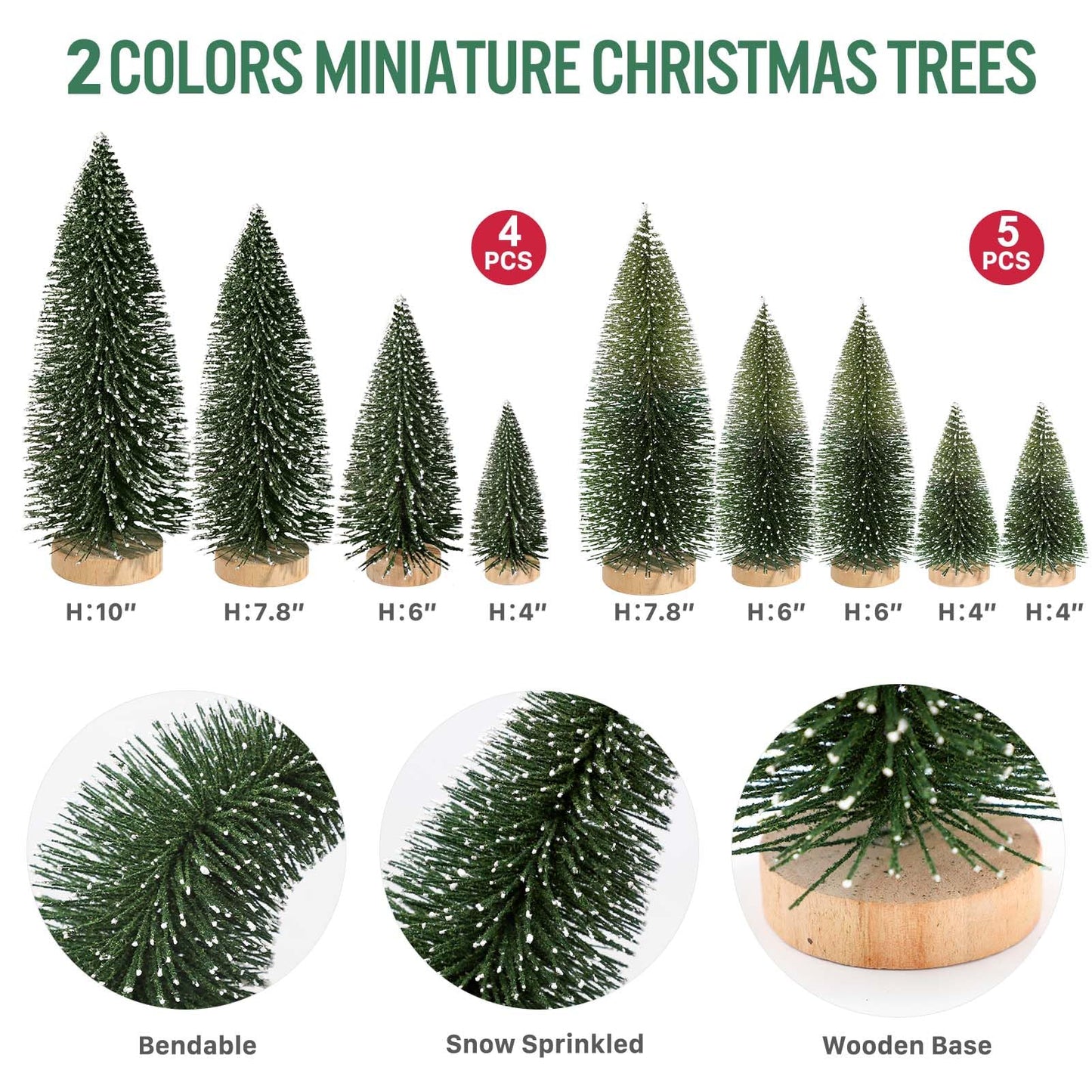 9Pcs Mini Christmas Trees Christmas Decor Artificial Christmas Decorations with 4 Sizes, Christmas Tree Bottle Brush Trees Christmas Table Decorations (Dark Green Two-Tone)