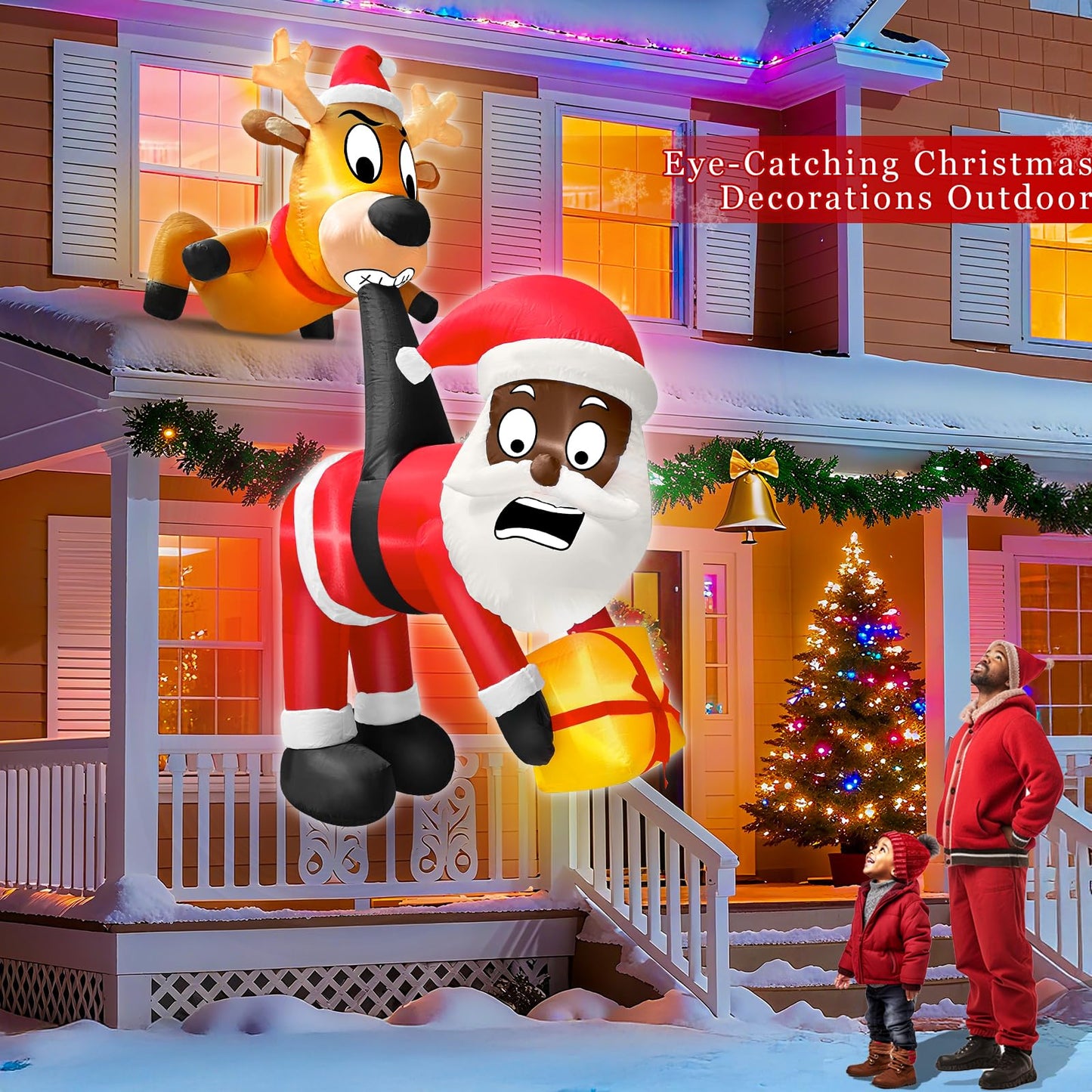 6 Ft Christmas Inflatable Reindeer & Climbing Black Santa Claus, Funny Hanging Outdoor Decoration with Built-in LED Light, Christmas Blow Up Yard Decor for Beam Roof Tree Indoor Home Party Lawn Decor