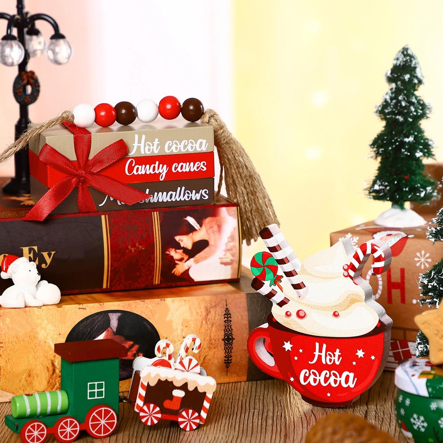 Bucherry 5 Pieces Christmas Farmhouse Tiered Tray Decor Winter Hot Cocoa Wood Decorative Stack Book Decor with Bead Garland for Home(Coffee)