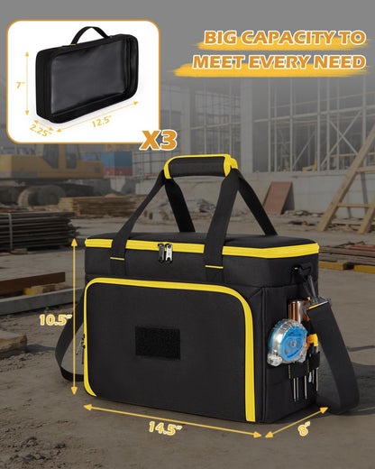 Marscamd 2 Layers Tool Bag with 3 Clear Window Removable Cases, Heavy Duty Tool Tote with Molle Webbing and Detachable Shoulder Strap, Black/Yellow