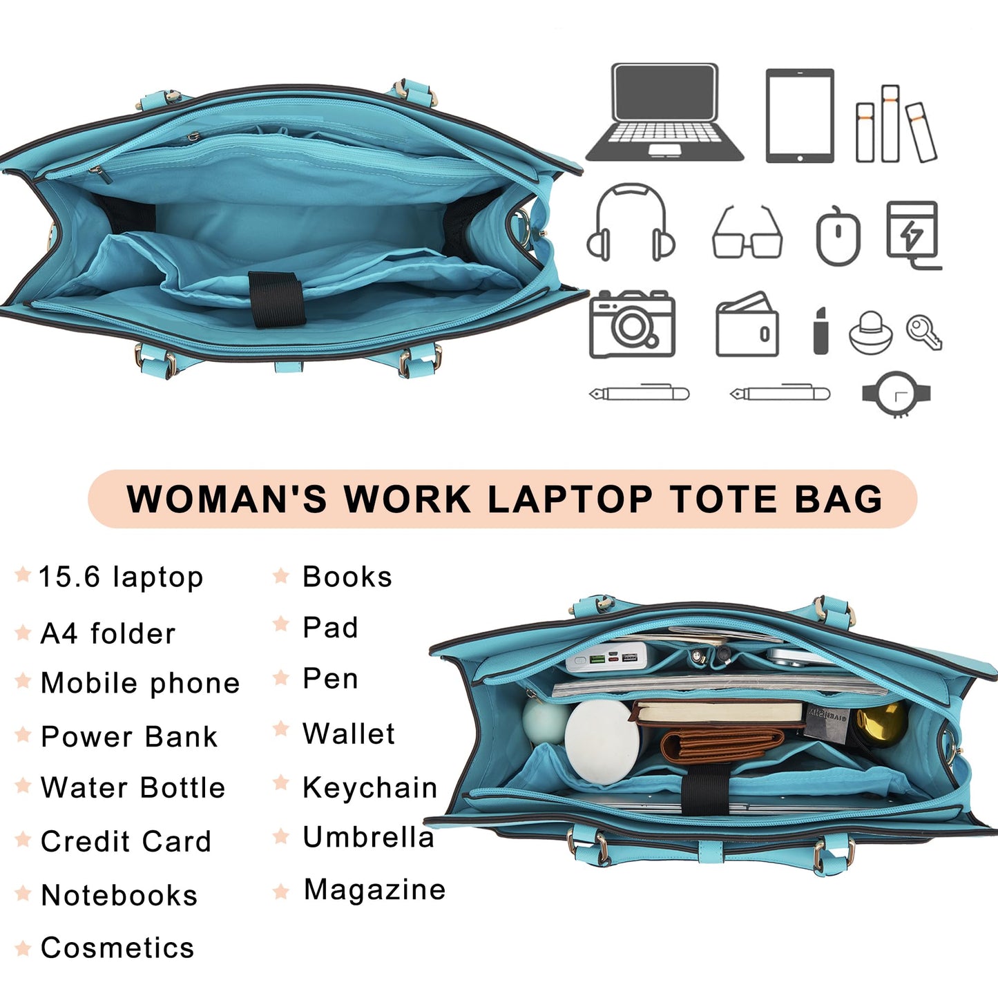 YZAOLL 15.6 Inch Vegan Leather Laptop Bag for Women Lightweight Water-Resistant Work Tote Briefcase for Travel,College,Office JBlue