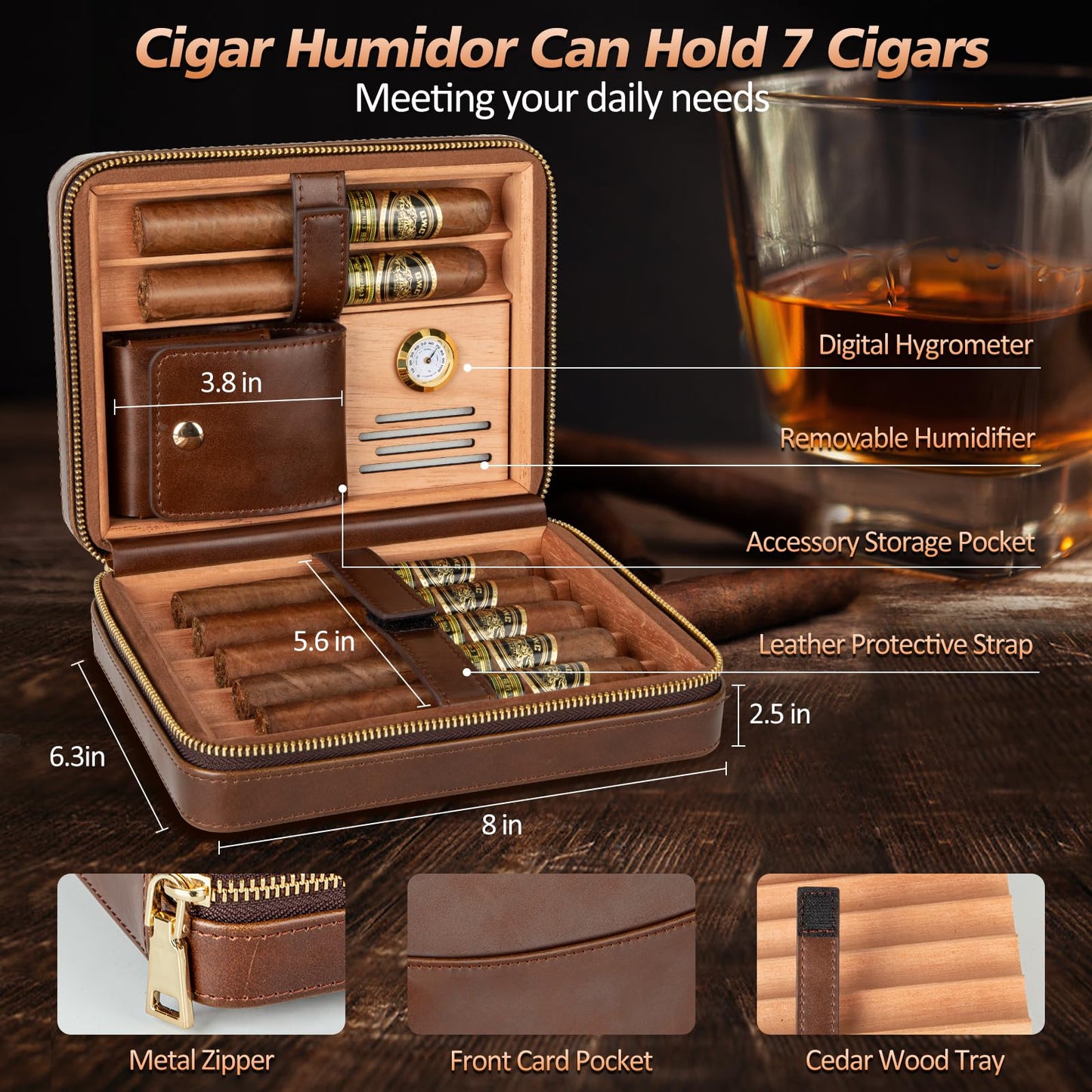 Usewire Cigar Humidor, Leather Cigar Case with Cigar Lighter, Built-in Straight Cigar Cutter and Cigar Punch, Travel Cigar Humidor with Humidifier and Cedar Tray, Cigar Accessories Set for Men