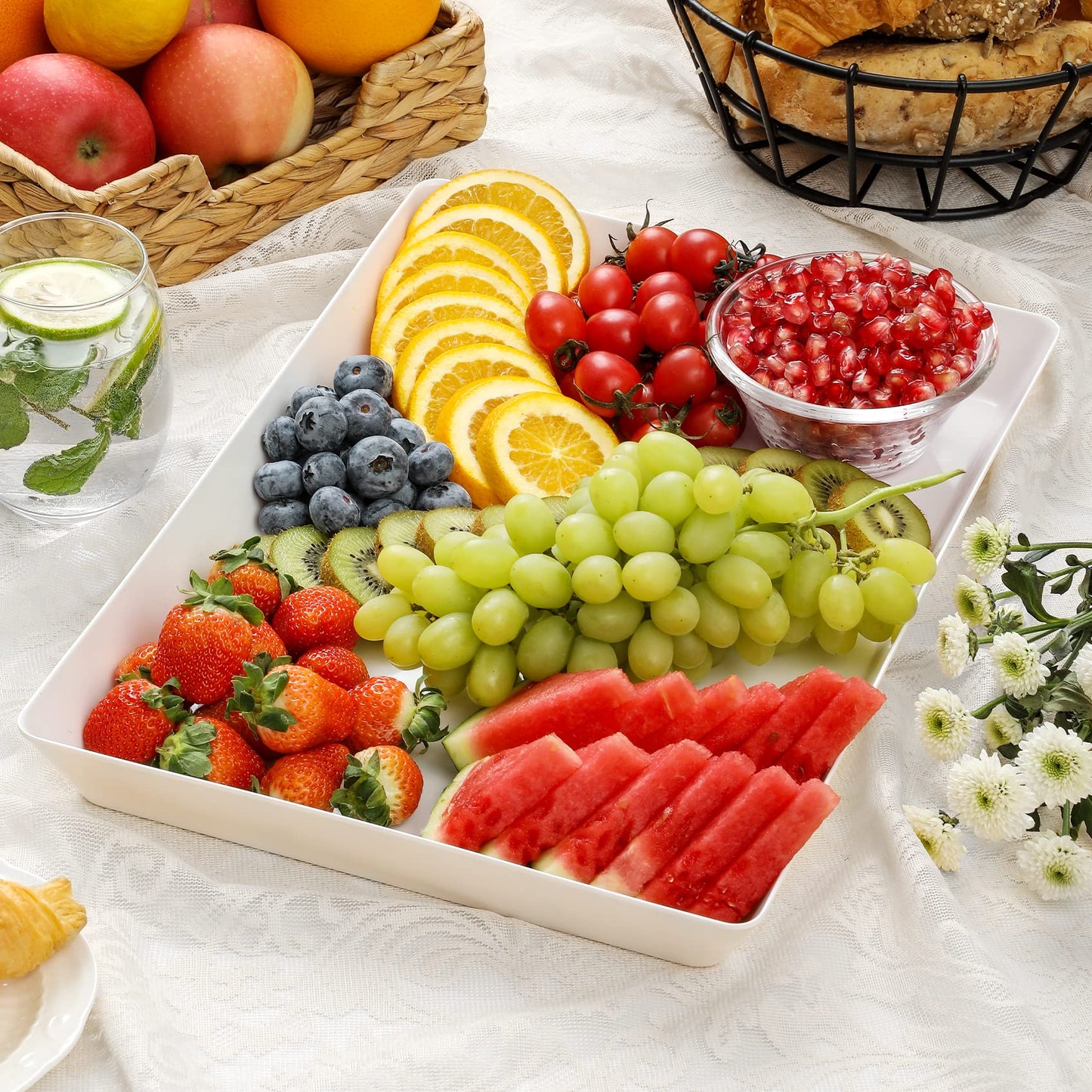 4-Pack Plastic 16" x 11" Large White Serving Trays Set - Reusable Serving Platters for Cookie, Appetizer, Charcuterie, Snack, Dessert, Party Food Display - Stackable Kitchen CounterTop Tray, BPA Free