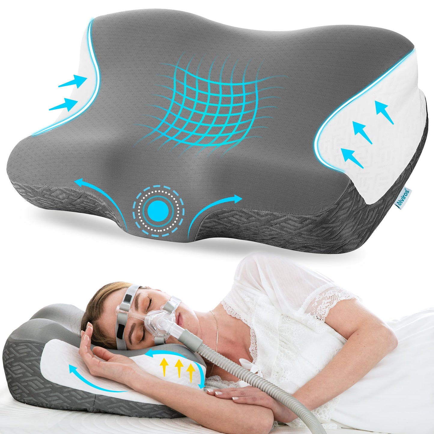 Elviros Cervical Neck Pillow for Neck Pain Relief, CPAP Pillow for Side, Back & Stomach Sleepers, Ergonomic Orthopedic Pillow for CPAP Users to Reduce Air Leaks and Mask Pressure, Dark Grey