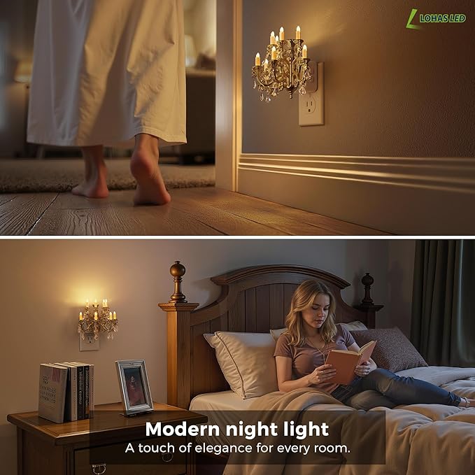 L LOHAS LED Night Lights Plug into Wall,Crystal Chandelier Candle Nightlight with Dusk to Dawn Sensor,Brightness Adjustable,3000K Soft White,Rotatable Plug Addtion for Home Decor,Hallway,Bathroom