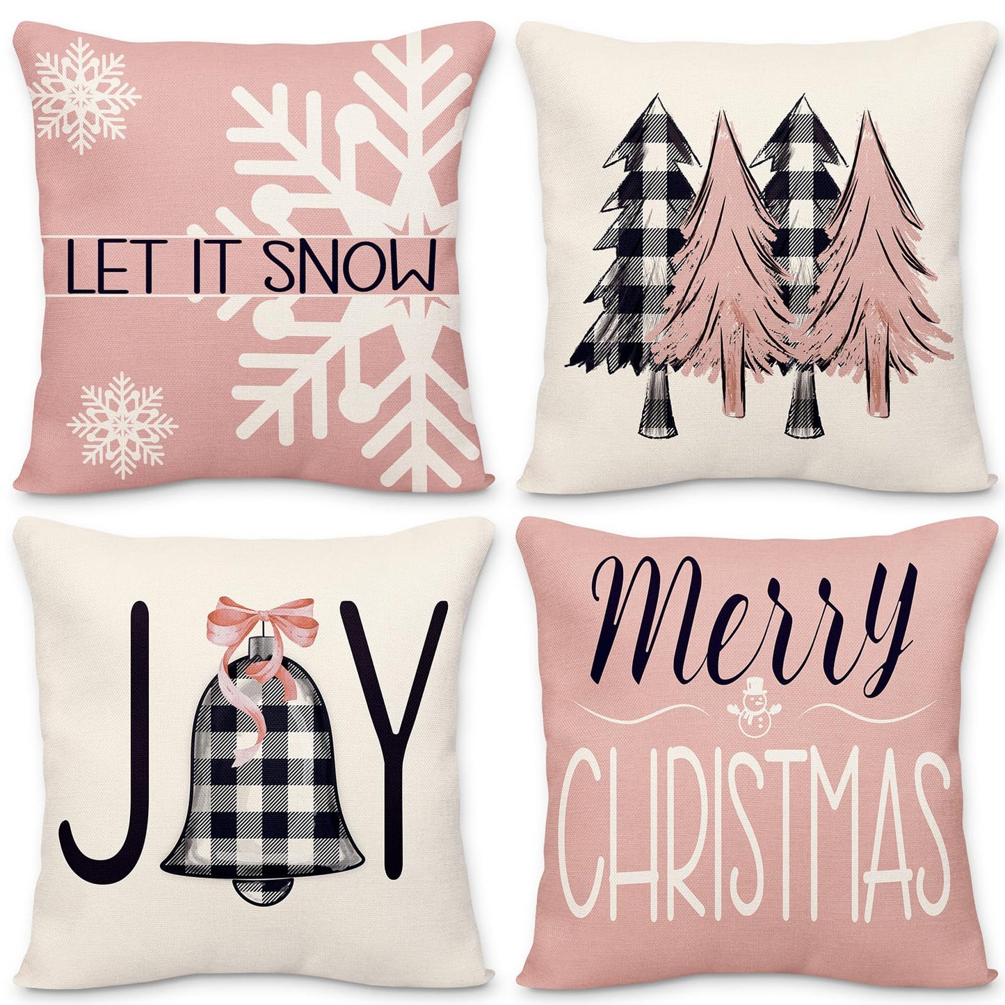 Geefuun Rose and Gold 18 x 18 Christmas Pillow Covers Decorations Indoor Home Pink Decor Set of 4 - Xmas/Holiday/Winter Bedroom Decorative Pillowcase for Couch, Bed（No Fillers）
