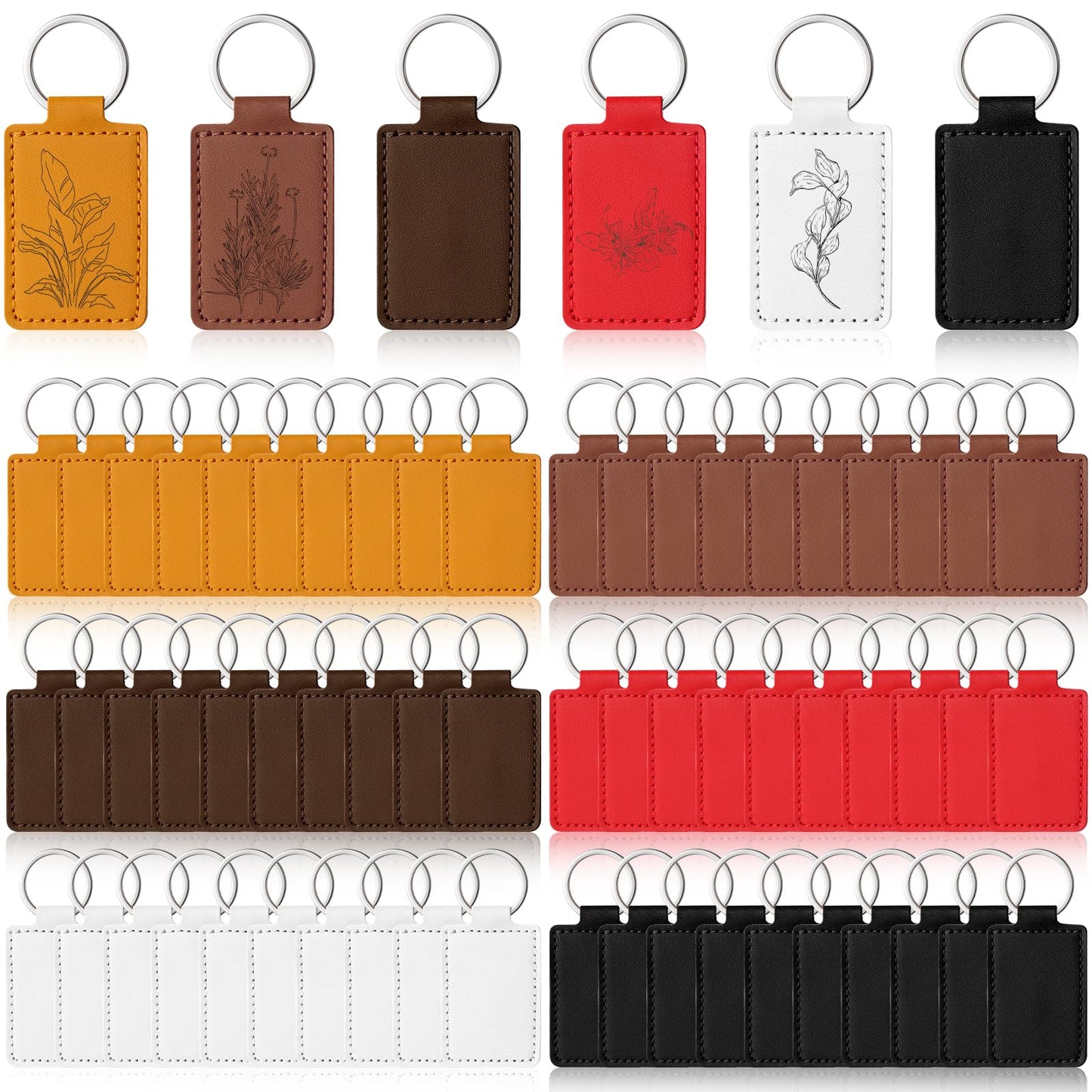 60 Pcs Rectangular Leather Keychain Blanks Kit PU Leather Laser Engraving Blanks with Key Rings for DIY Crafting, 6 Colors