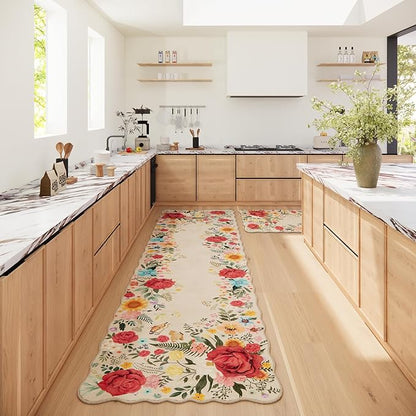 Kitchen Rug Runners for Hallways: 2'6''x10' Washable Runner Rugs for Kitchen Ultra Thin Stain Resistant Non Slip Low Pile Lightweight Vintage Floral Carpet for Farmhouse Decor (Beige)