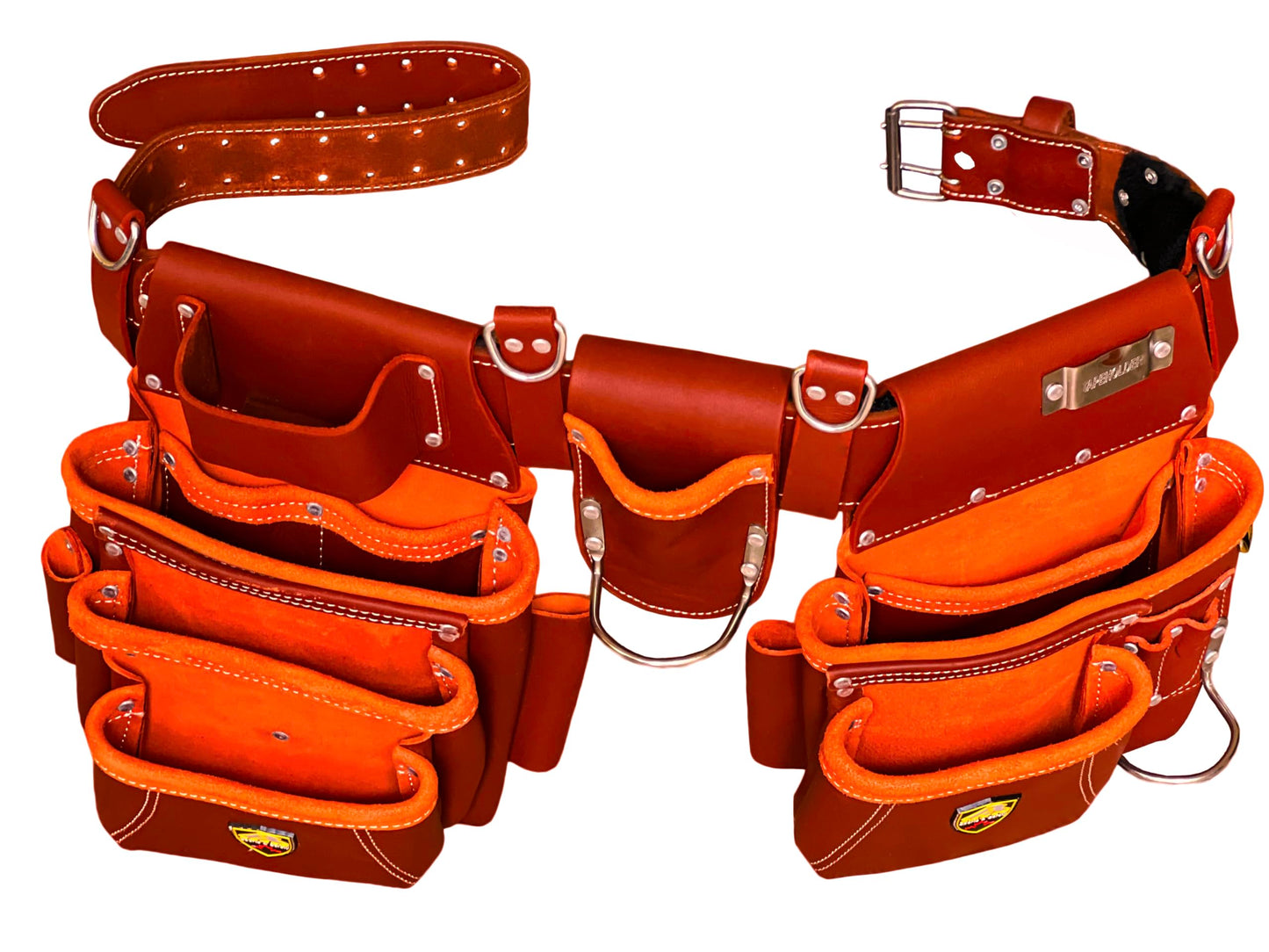 ZAKCO PRO-19 Genuine Grain Leather Multi Pockets Construction Tool Rig, Carpenter Tool Belt, 2 Leather Tool Pouches, Pro Style Tool Belt for Framers, Handyman, Drywall & Roofers (MAROON, Full Size)