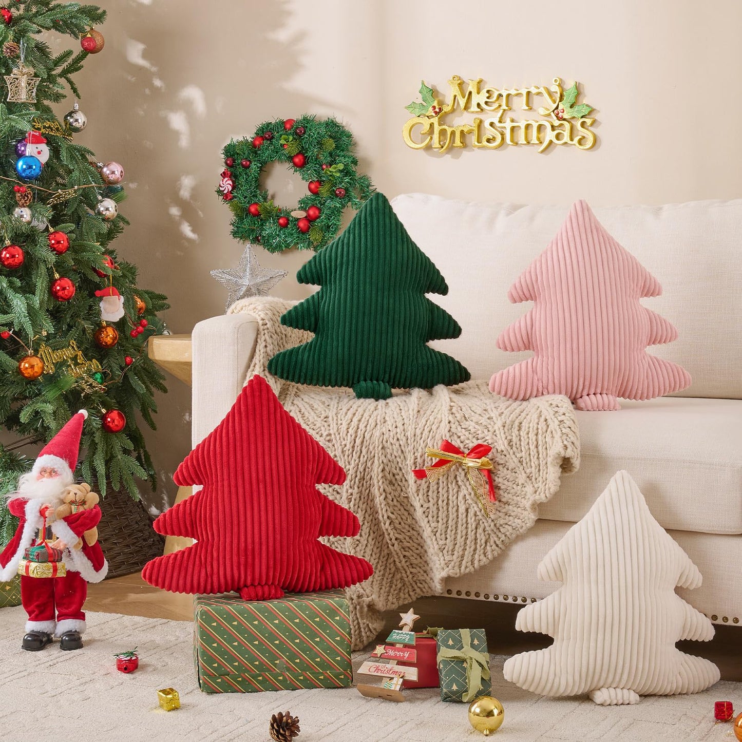 Lanpn Christmas Tree Pillows Set of 2, Christmas Decoration Narrow Stripes Winter Throw Pillow Soft Cute 3D Shaped Xmas Tree Throw Cushion for Sofa Bedroom Xmas Decor (18x16 inch, Pink)