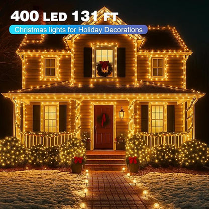 Christmas Lights 400 LED 131 FT, IP67 Waterproof Christmastree Lights with 8 Modes, Remote Control 3 Timers & Memory Function Xmas Decorations for House and Holiday (Warm White)