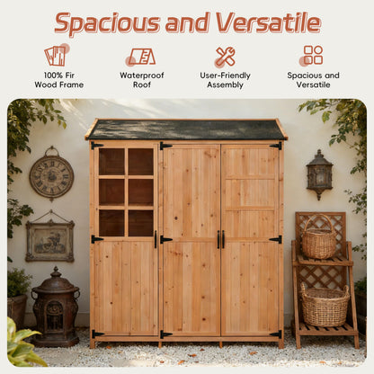 Outdoor Garden Shed with Waterproof Roof and Workstation, Outdoor Storage Cabinet with 7 Storage Shelves, 2 Drawers and 6 Hooks, Natural