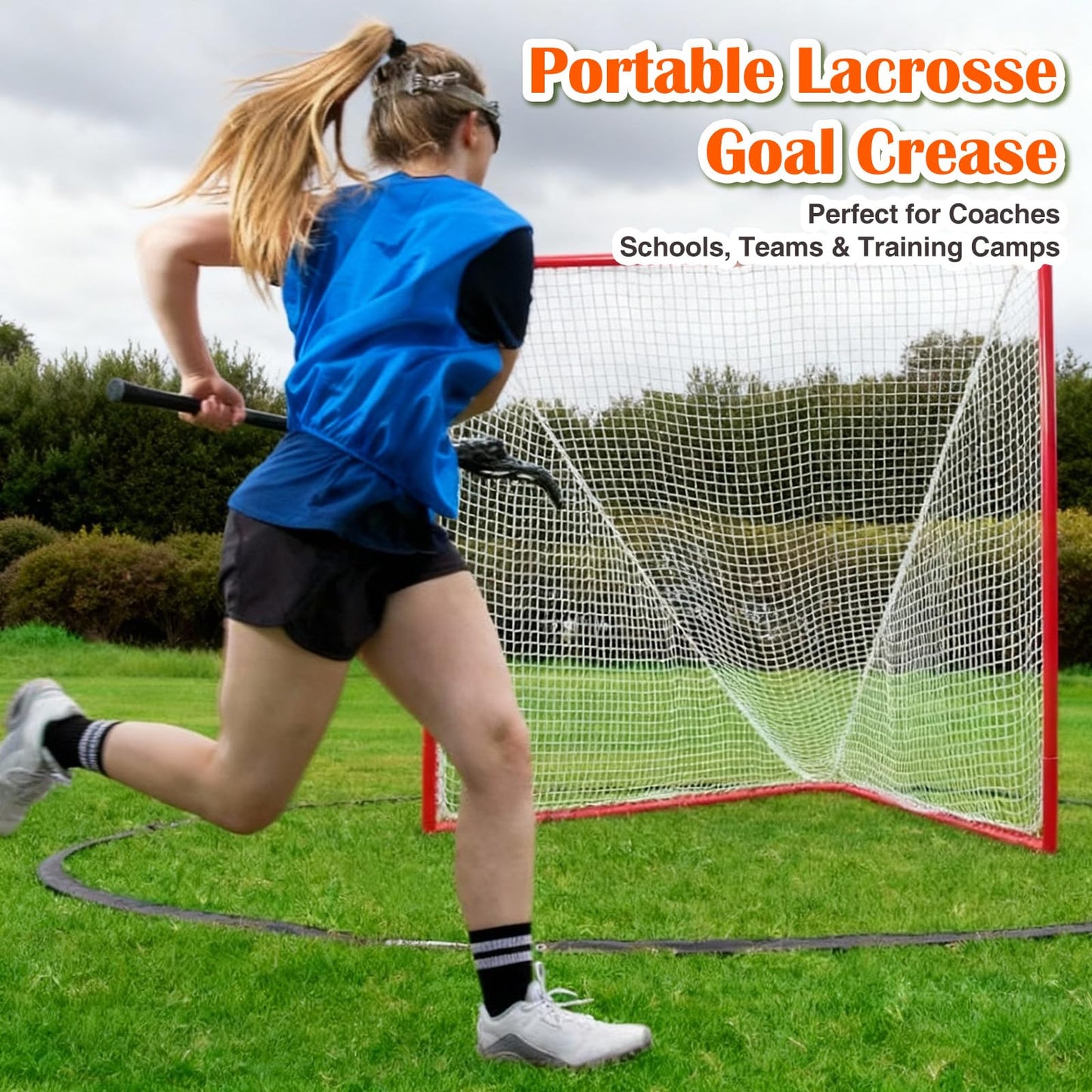 VioraWhite Portable Lacrosse Crease 17 ft, Women's Regulation Size Portable Lacrosse Goal, Weather Crease with Weights, Stakes and Carry Bag(Black)