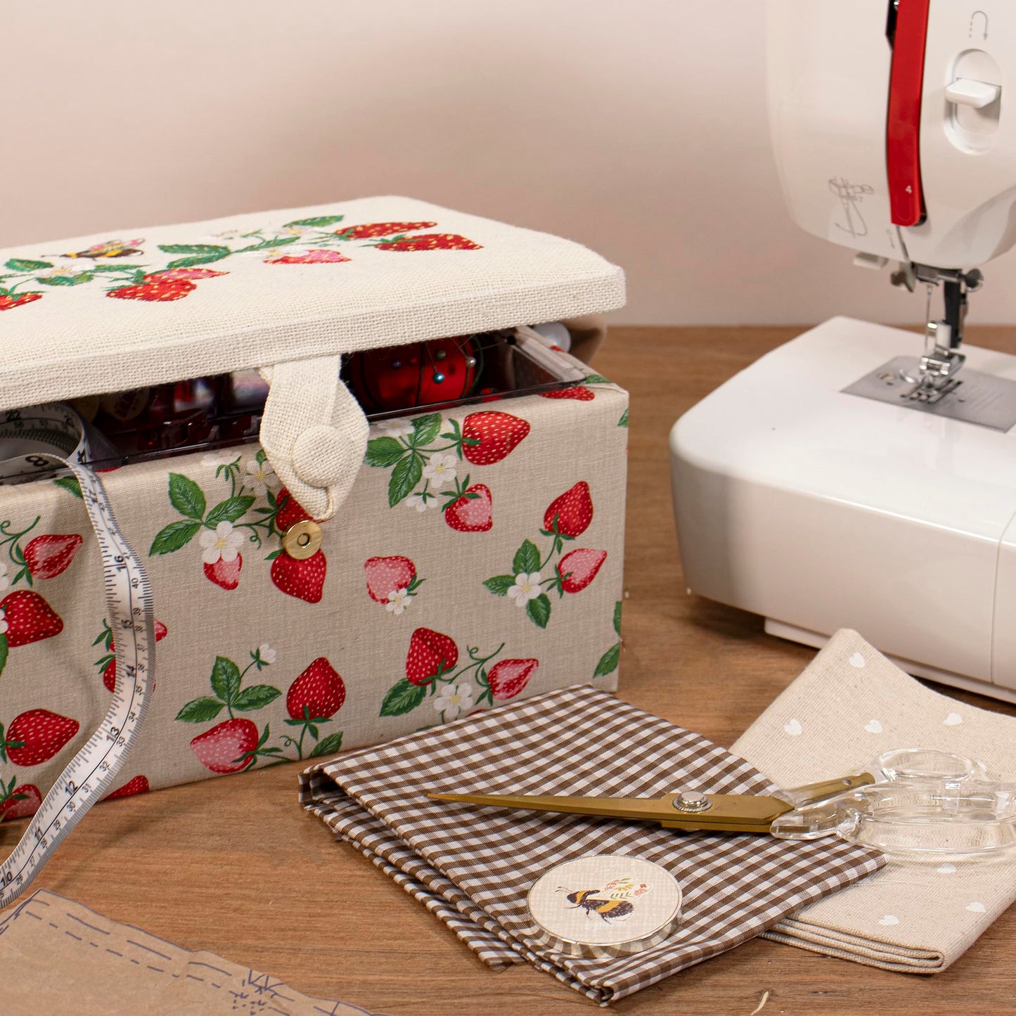 Hobby Gift Medium Sewing Box Organiser, Fabric Covered Storage Box with Handle, Internal Tray, Pin Cushion and Pocket for Sewing, Quilting and Knitting Supplies