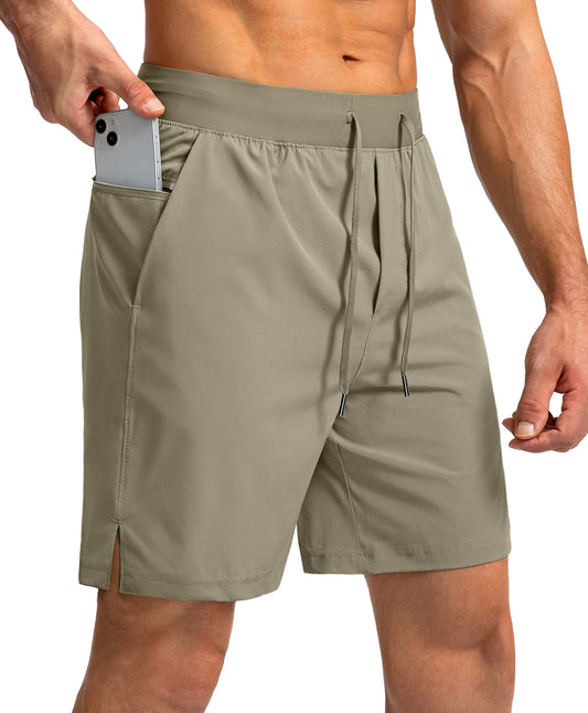 Soothfeel Men's Running Shorts with Zipper Pockets 7 Inch Lightweight Quick Dry Gym Athletic Workout Shorts for Men (Dusty Khaki, XS)