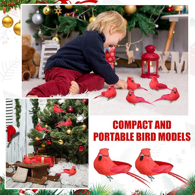 24 Pieces Red Cardinal Ornaments 3.9 Inch Cardinal Clip Artificial Birds Bulk Decorative Realistic Birds for Christmas Tree Decoration Arts Wreaths Craft Seasonal Displays