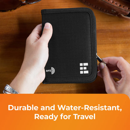 Passport Holder & Travel Wallet with RFID Blocking - Premium Document Organizer Case for Men and Women - Holds Passports, Cards, Tickets, ID, Cash - Compact Zippered Wallet - Midnight