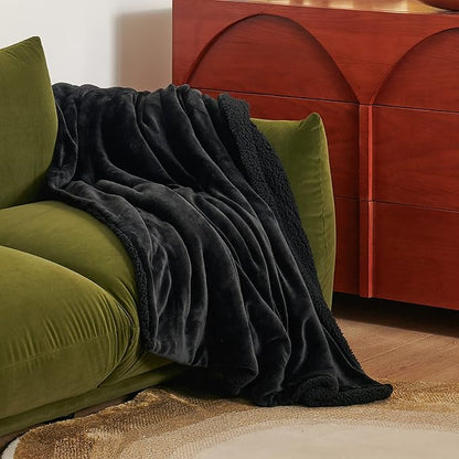 Bedsure GentleSoft Sherpa Fleece Throw Blanket Twin Size for Couch - Thick and Warm Throw for Men, Soft Fuzzy Plush Twin Blanket for Winter, Black, 60x80 Inches