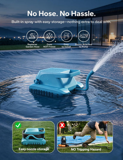 Voeer Pool Cover Pump with Built-in Nozzle, 950 GPH Automatic Submersible Pump, 25ft Cord, Hose Connection Supported, Water Level Indicator, Low-Profile Design, 110W Motor, Waterproof Design