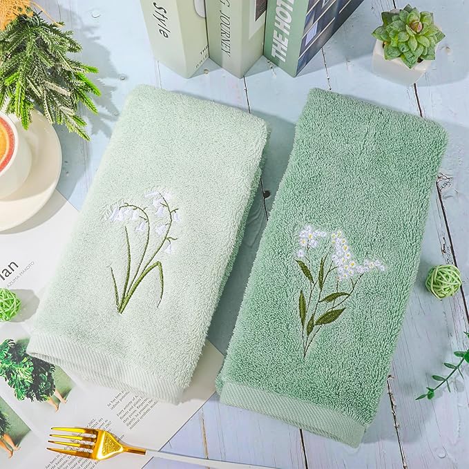 3Pcs Sage Green Hand Towels 29.5 x 13.7 Inch Gradient Green Floral Embroidered