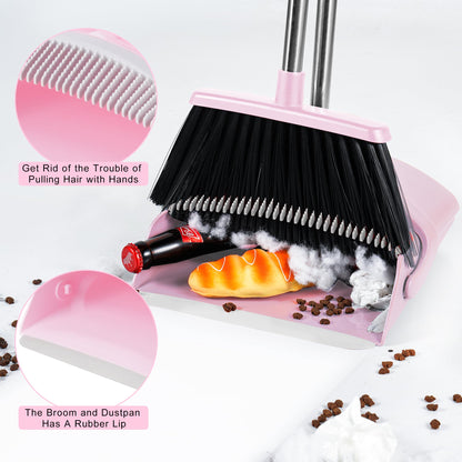 BSKLIN Broom and Dustpan Set for Home, 52” Long Handle Broom with Dustpan Combo Set with Dust Pan Teeth to Clean Hair Sweeping Set for Kitchen Hardwood Floors Pet Hair (Pink)