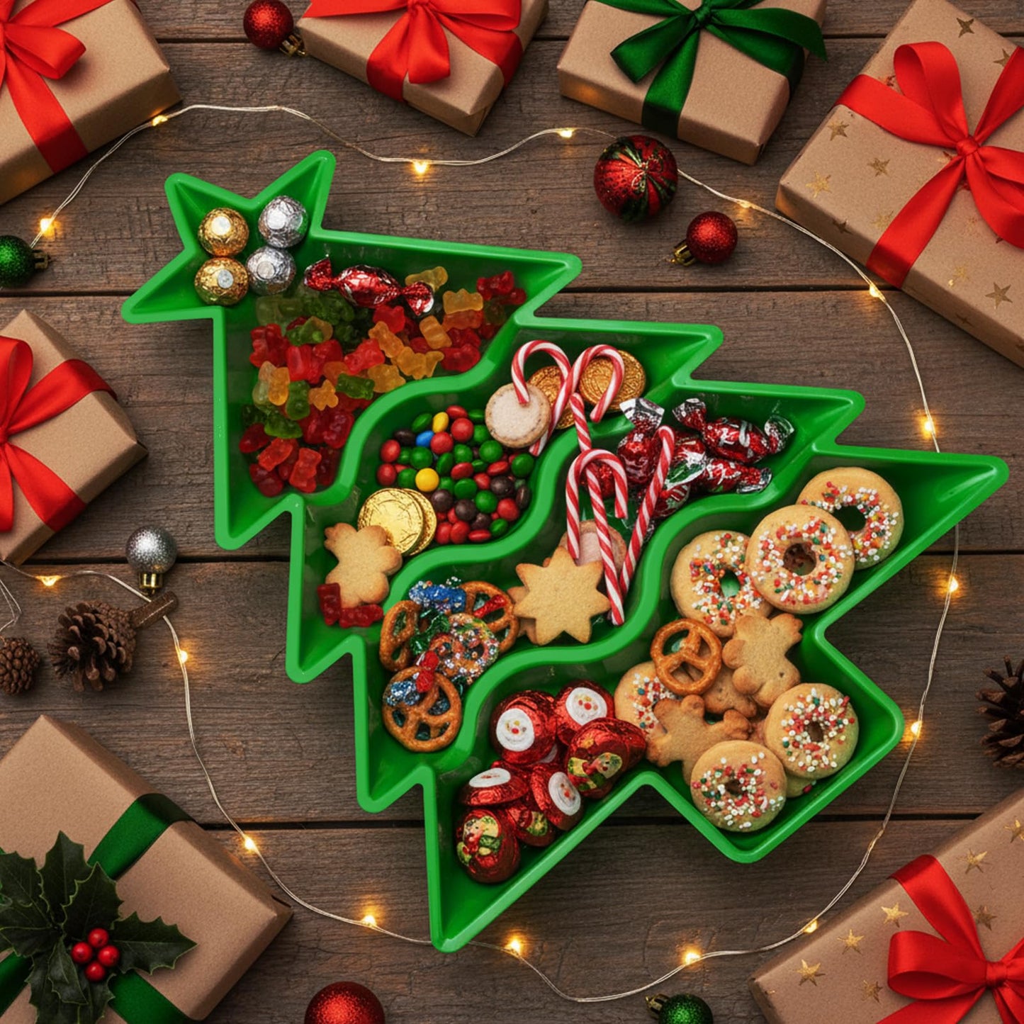 SiliFine Christmas Tree Shaped Serving Tray Divided Plastic Charcuterie Serving Plates Dishes with Compartments Xmas Party Decorations for Snacks Desserts Holiday Xmas Gift(10.2'', Green)