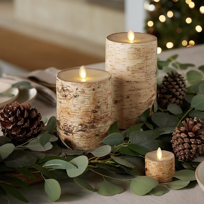 Luminara Real Birch Bark Wrapped Flameless LED Candle, 4" x 5.3", Battery Operated Moving Flame Pillar Light with Timer - Natural Decor Unscented