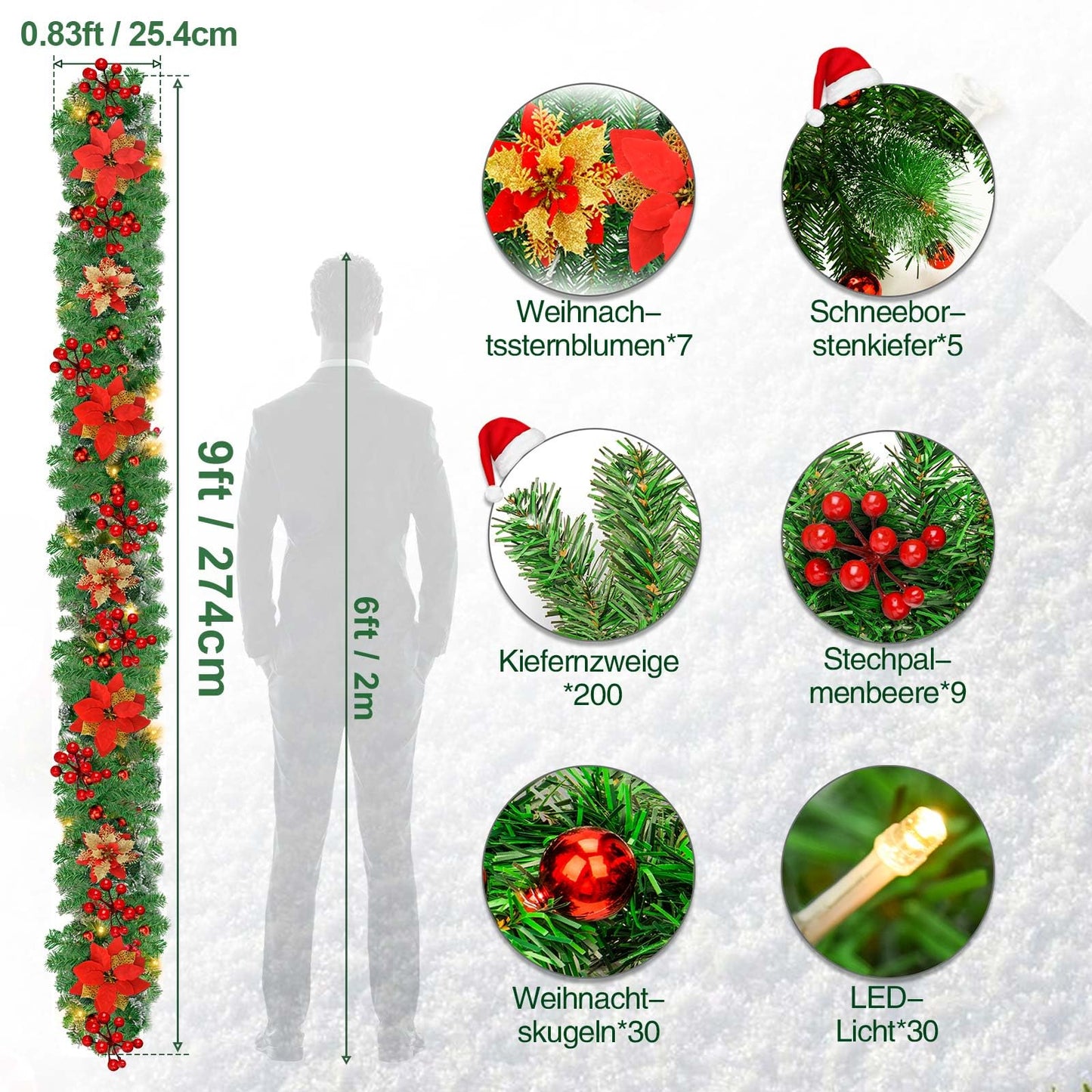 Christmas Garland,Christmas Garland with Lights Battery Operated,9 ft Rattan Artificial Flower Vine Plants Xmas Decorations for Indoor Outdoor Home Mantel Fireplace Stairs