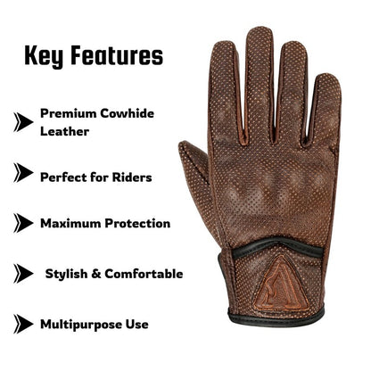 ValuxeStyle Men's Perfect Motorcycle Perforated Black Leather Gloves-Knuckle Protection-Comfortable Leather Gloves for Men (Brown, Large)