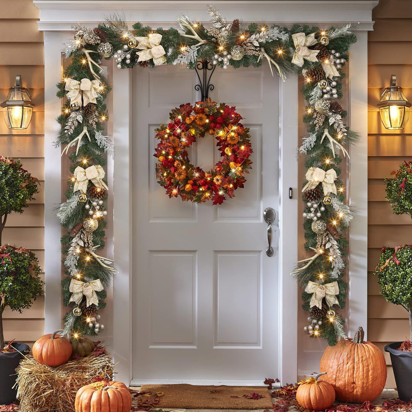 Adeeing Christmas Garland with Lights, Champagne Gold 6FT 20LED Pre-Lit Christmas Garland with Ball Ornaments, Ribbons, Pine Cones and Artificial Antlers for Door Mantle Stairs Christmas Decoration