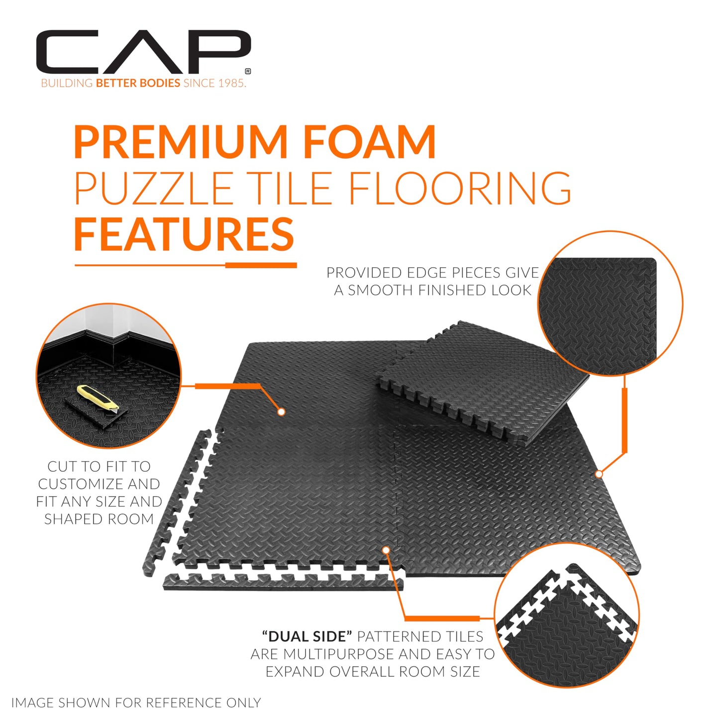 CAP Barbell 3/4-Inch Interlocking EVA Foam Exercise Puzzle Mat Home Gym Flooring - 3 Pack | 24" x 24" x 3/4" | Diamond Pattern - Black