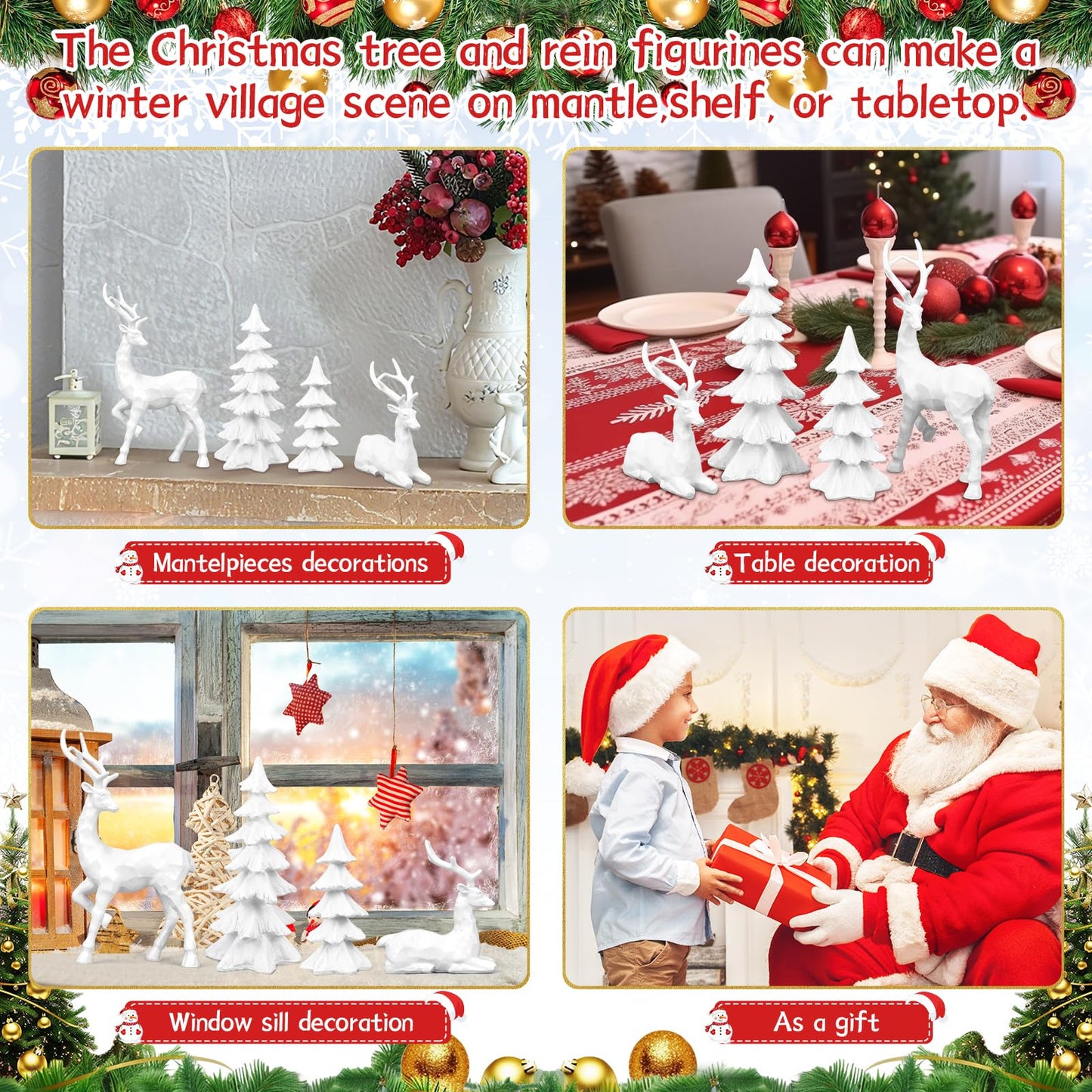 4-Piece White Christmas Tree Figurines and Resin Elk Sculpture Winter Reindeer Decor Resin Christmas Trees,Tabletop Tree Artificial Animal Crafts for Indoor Home Decor,Tabletop Mantle Cabinet Desktop