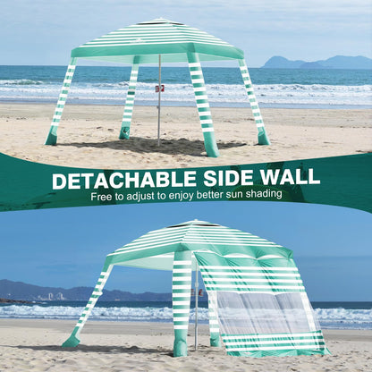 Rhino Valley Beach Cabana, 8 * 8FT Beach Tent UPF50+ Protection, Easy Setup Beach Canopy Wind Resistant with Cup Holder, Compact Beach Shade Foldable Beach Tent Sun Shelter, Green White