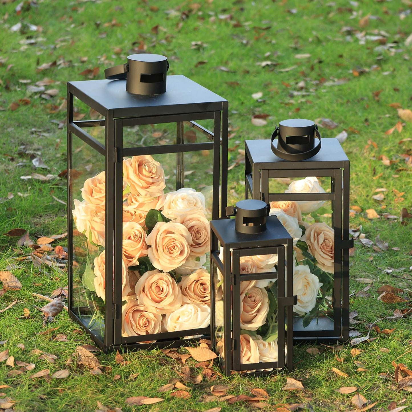 NEEDOMO Stainless Lanterns Decorative Outdoor & Indoor, Set of 3 Outdoor Lanterns for Porch, 22"/ 17"/14" Candle Lantern,Stainless with Glass, Water-Proof Farmhouse, Patio, Pathway, Christmas