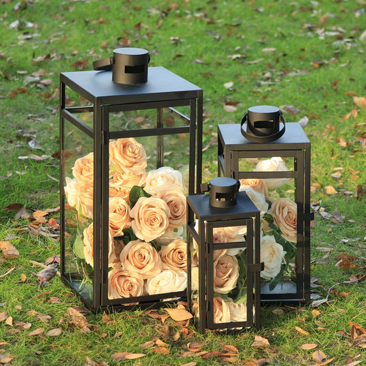 NEEDOMO Stainless Lanterns Decorative Outdoor & Indoor, Set of 3 Outdoor Lanterns for Porch, 22"/ 17"/14" Candle Lantern,Stainless with Glass, Water-Proof Farmhouse, Patio, Pathway, Christmas